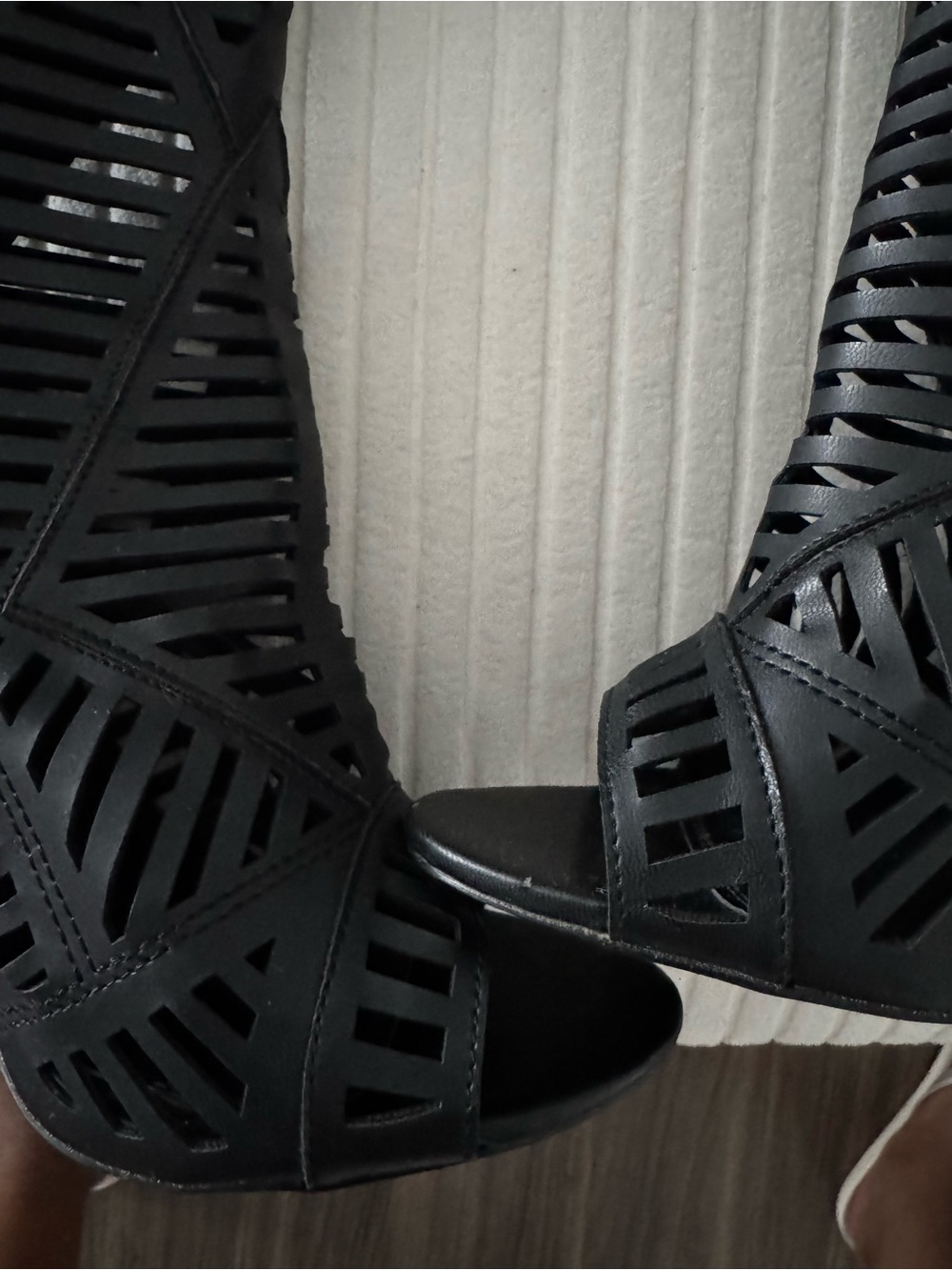 Black Laser-Cut Knee-High Gladiator Heels - Women's - Picture 2 of 11